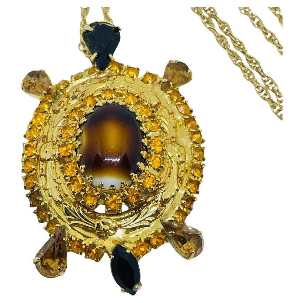Vintage gold tone rhinestones glass turtle pendant necklace